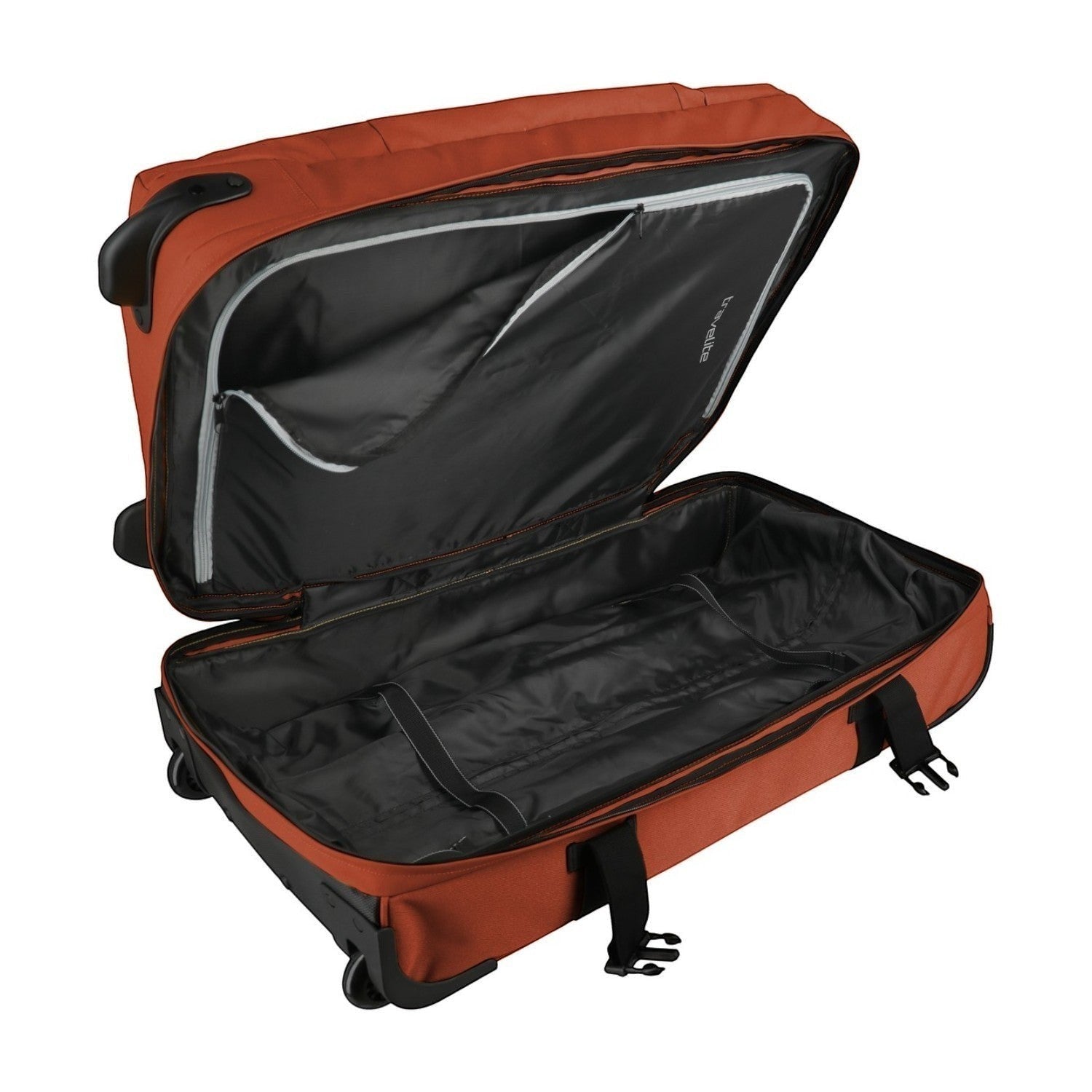 Lieblingstasche BOLONIA M rolling travel bag in rust orange with black interior and compression straps.