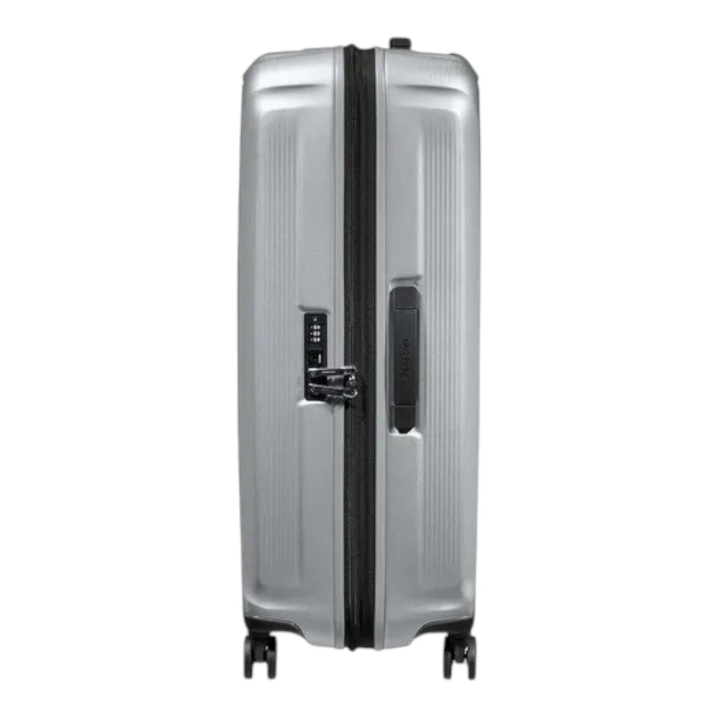 Lieblingstasche Samsonite Nuon Spinner 69/25 silver hardshell suitcase with TSA lock and side view