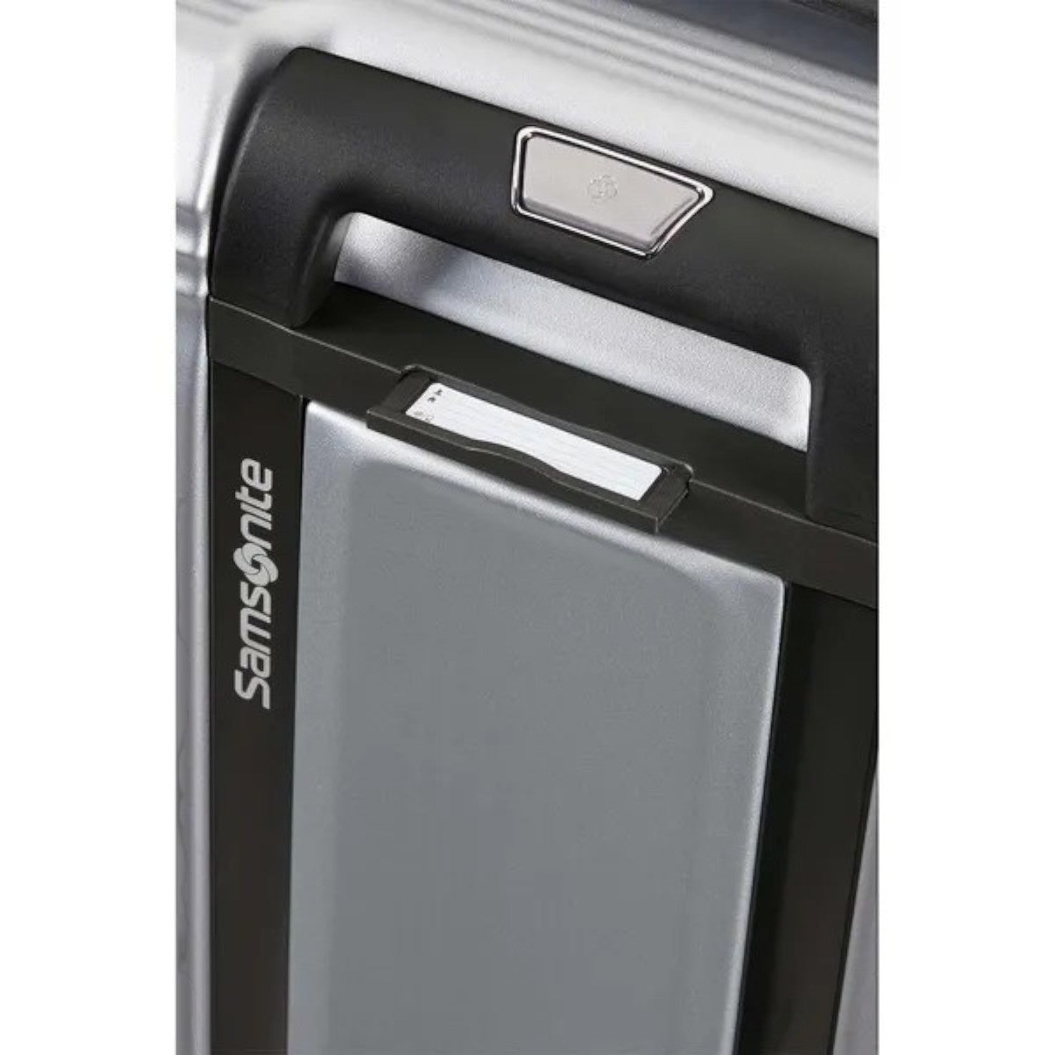Lieblingstasche Samsonite NUON Spinner suitcase top handle with integrated address tag and silver hard shell detail