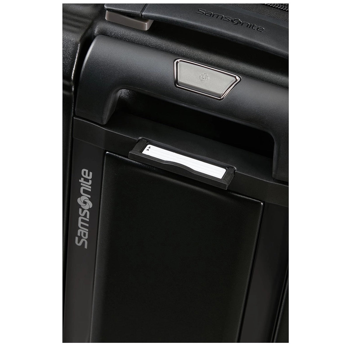 Lieblingstasche Samsonite NUON Spinner suitcase handle and integrated address tag detail in black