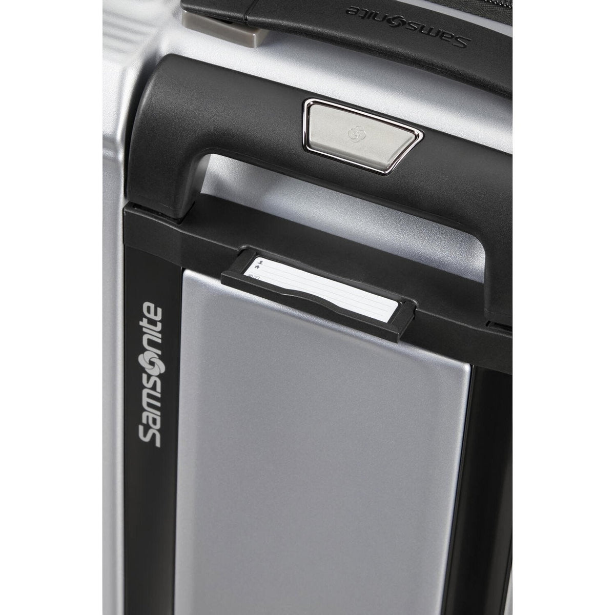 Lieblingstasche Samsonite Nuon Spinner 55/20 silver hard shell suitcase handle and integrated ID tag detail