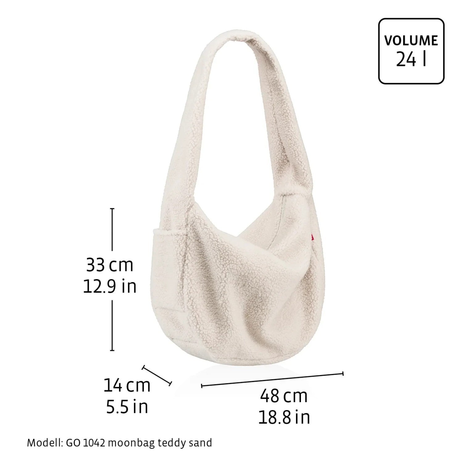 Lieblingstasche sand-colored teddy fleece moonbag with dimensions and 24-liter capacity label