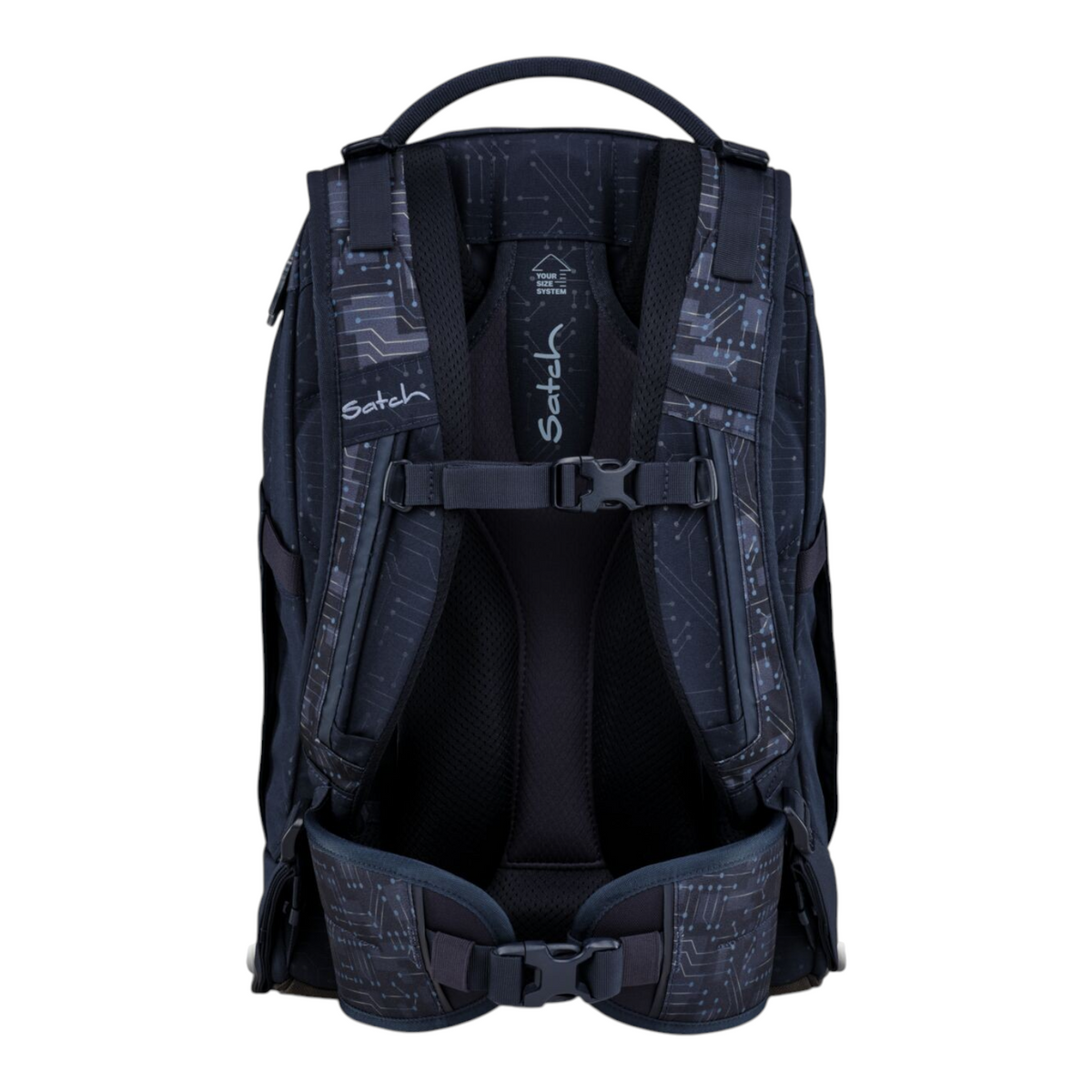 Lieblingstasche Satch school backpack in dark blue with a circuit board pattern, shown from the back view.