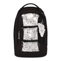Lieblingstasche Satch school backpack in black with a white doodle-style coloring panel and matching tag