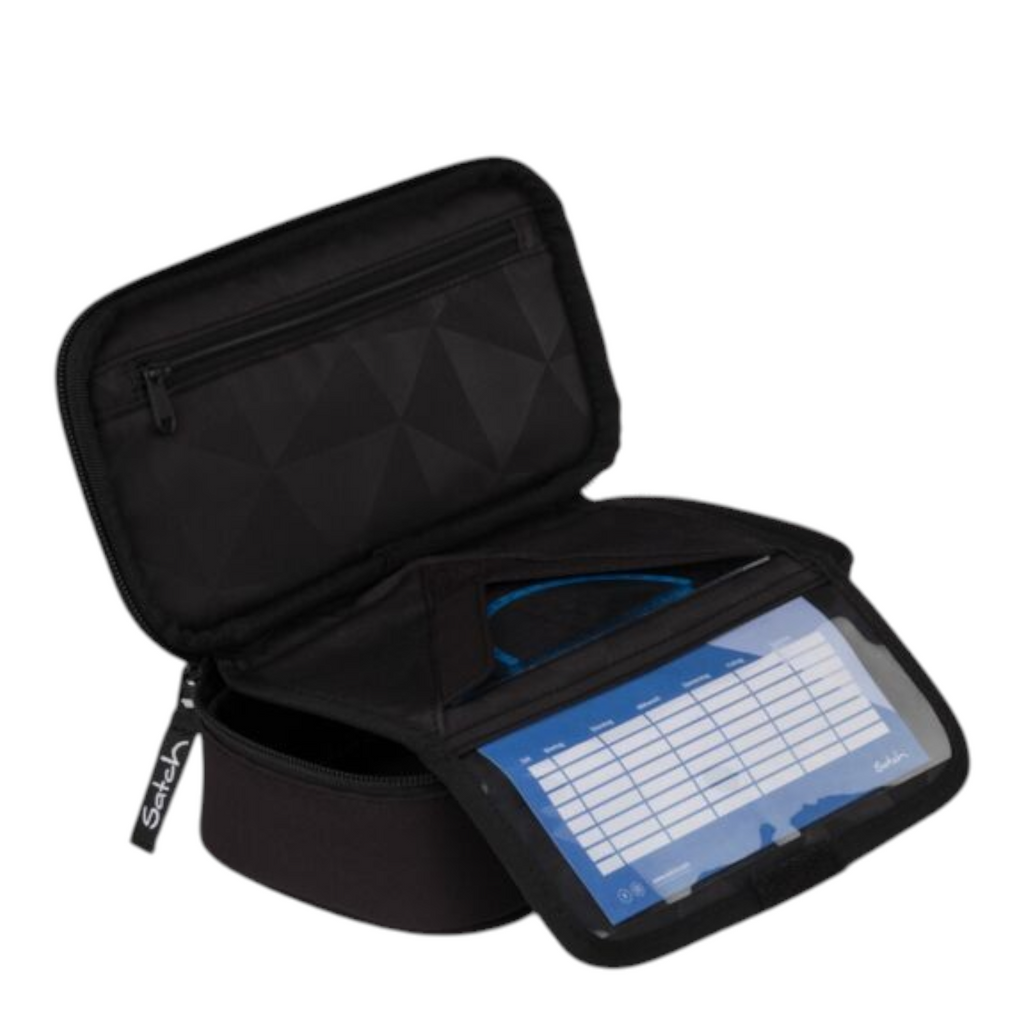 Lieblingstasche Satch black pencil case open with internal organizer, mesh pocket, and transparent timetable sleeve