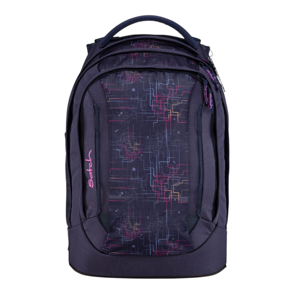 Lieblingstasche Satch school backpack in dark blue with a geometric neon circuit board pattern and pink logo detail.