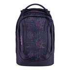 Lieblingstasche Satch school backpack in dark blue with a geometric neon circuit board pattern and pink logo detail.