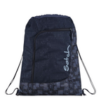 Lieblingstasche Satch drawstring backpack in dark blue with a geometric circuit board pattern and front zip pocket