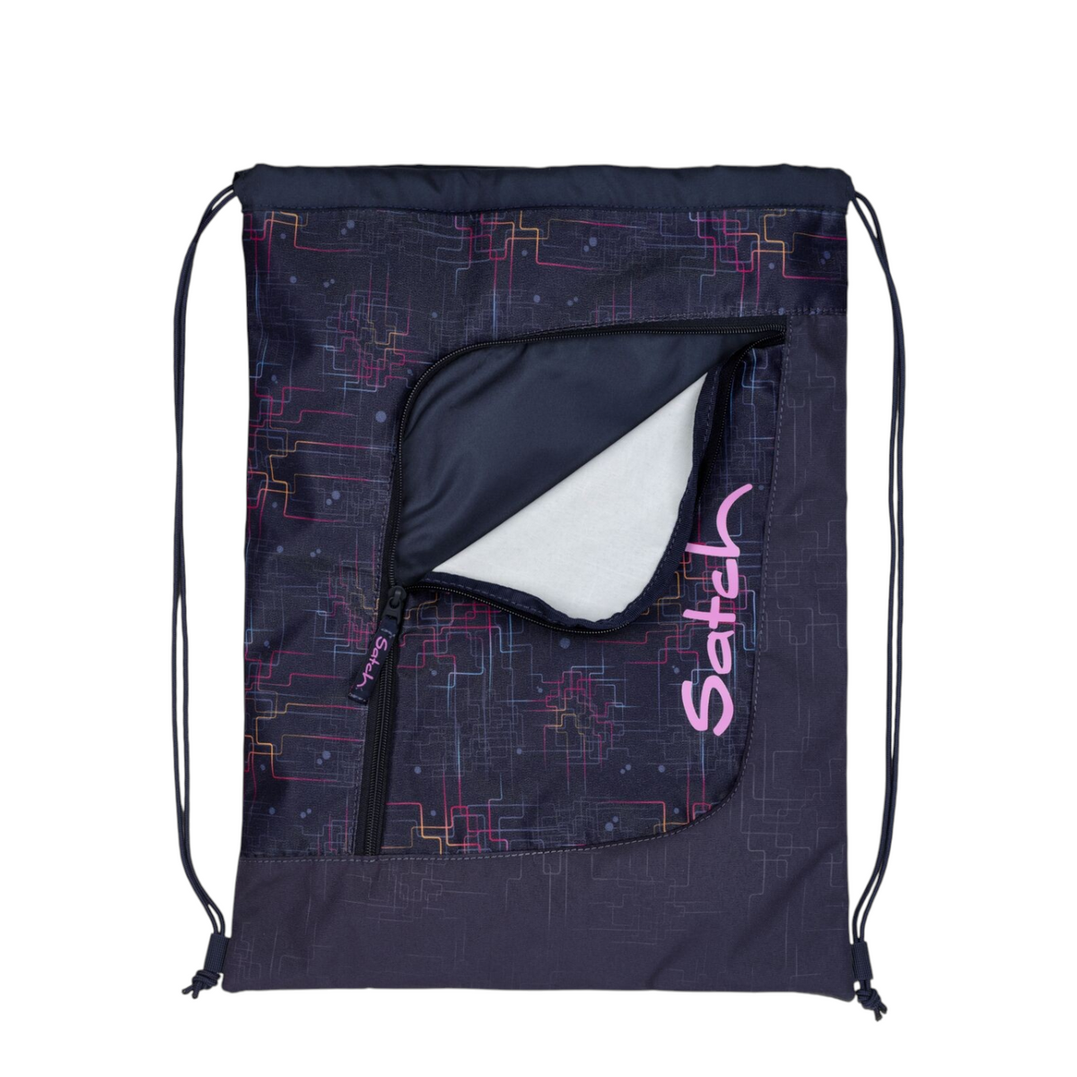 Lieblingstasche Satch drawstring gym bag in dark blue with a pink geometric grid pattern and front zipper pocket.