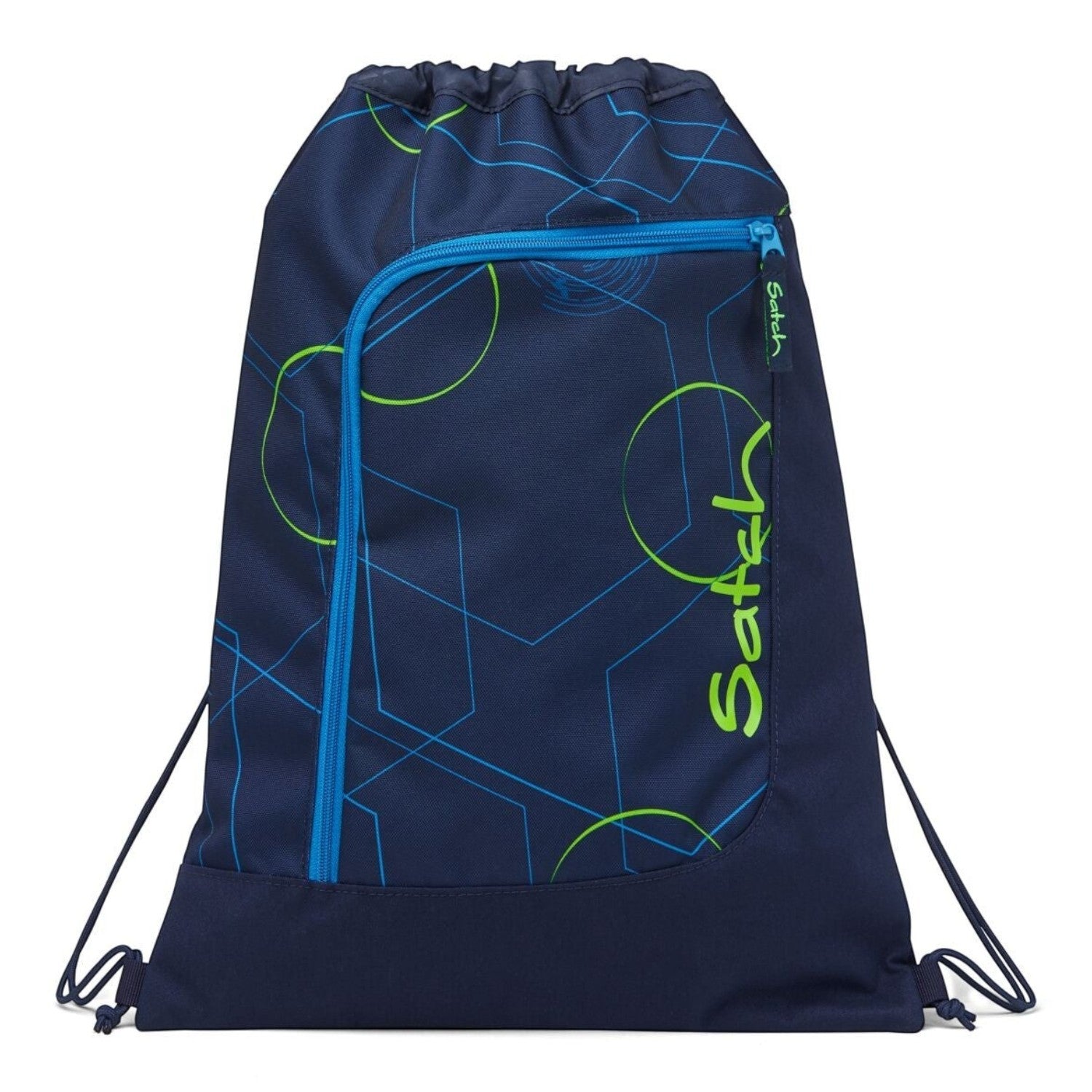 Lieblingstasche satch drawstring sports bag in navy blue with geometric green and blue patterns and zipper pocket