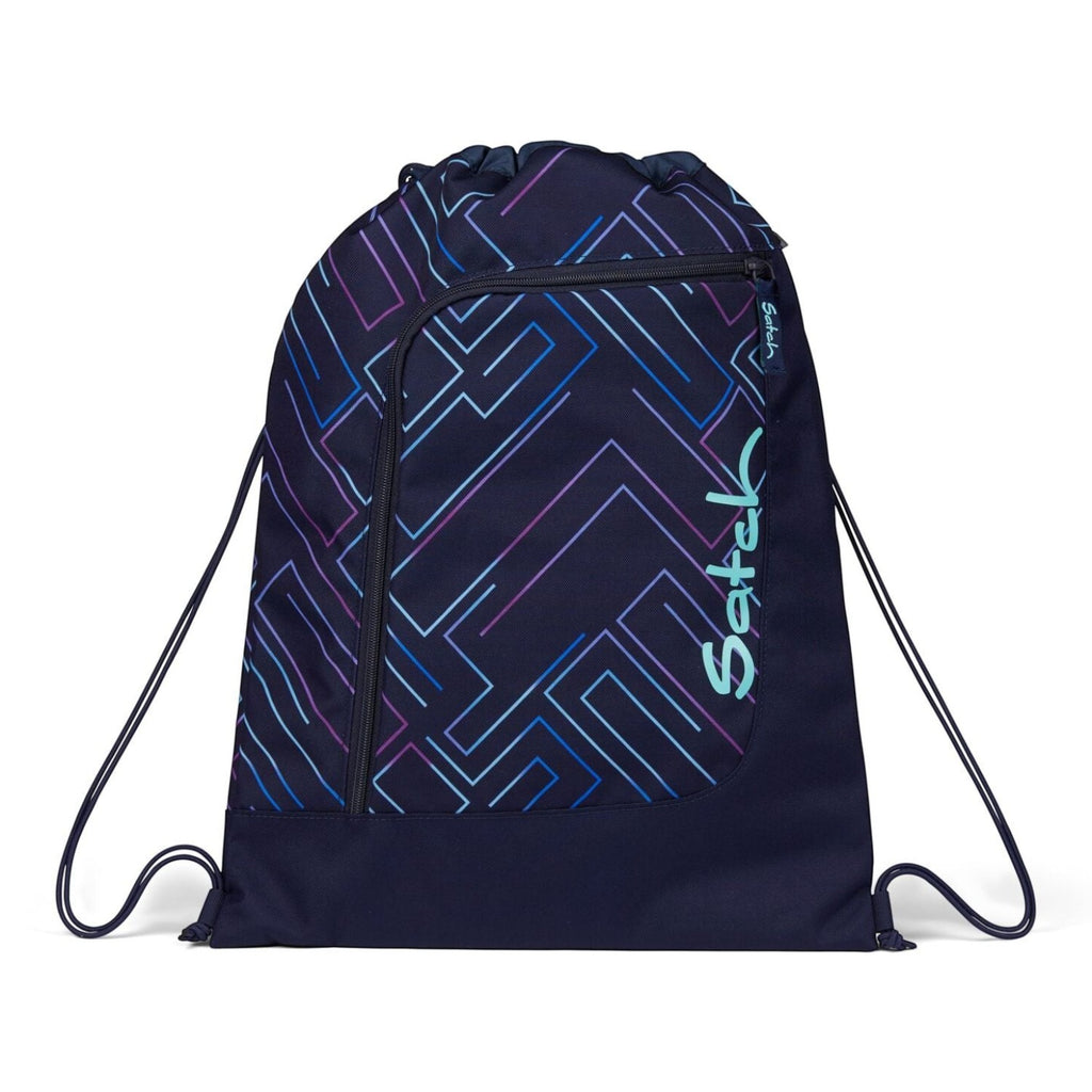 Lieblingstasche satch drawstring sports bag in navy blue with geometric neon purple and blue line pattern