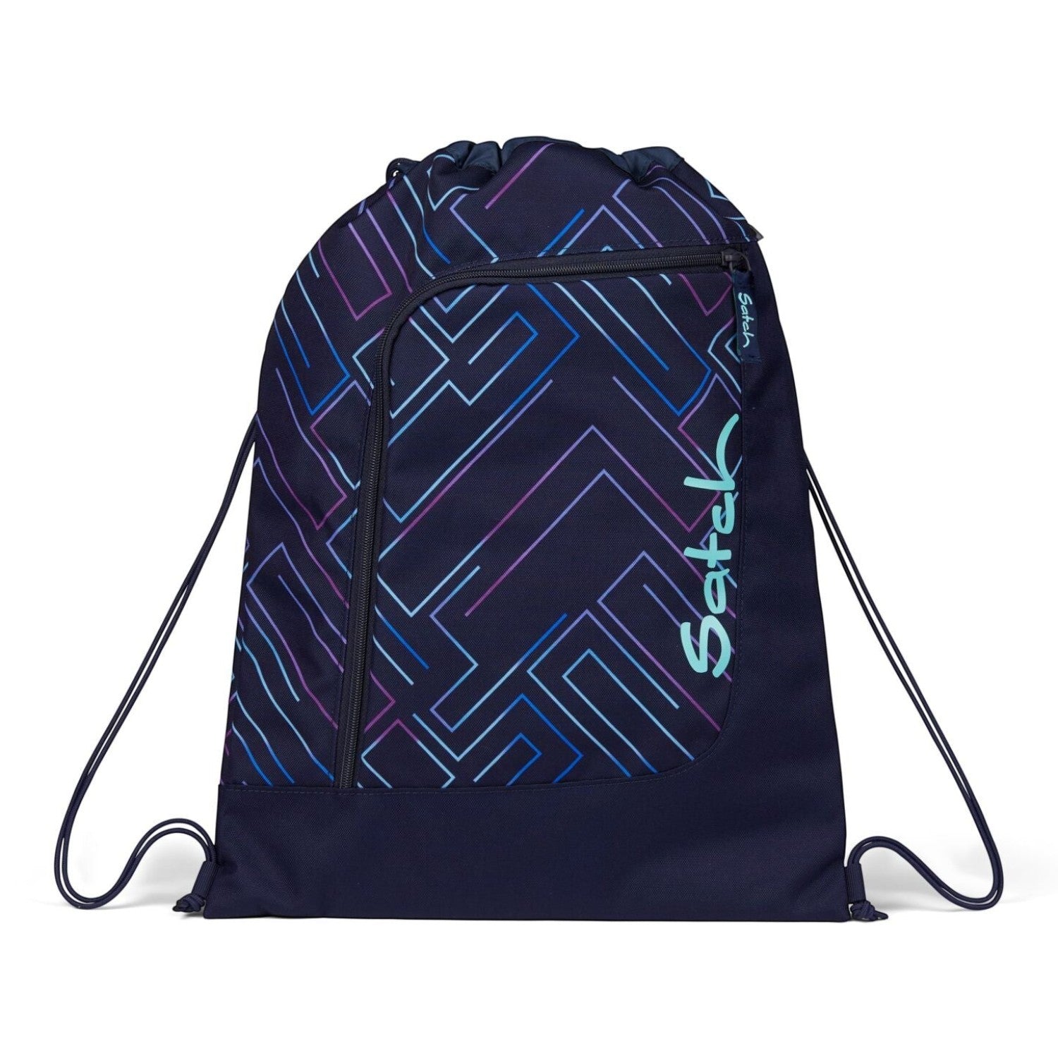 Lieblingstasche satch drawstring sports bag in navy blue with geometric neon purple and blue line pattern