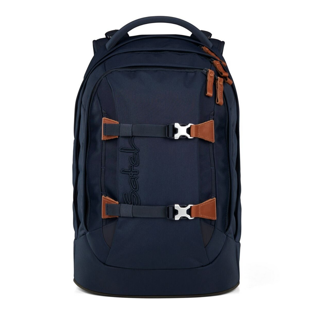 Lieblingstasche satch PACK school backpack in dark blue with brown leather-look accents and adjustable buckles