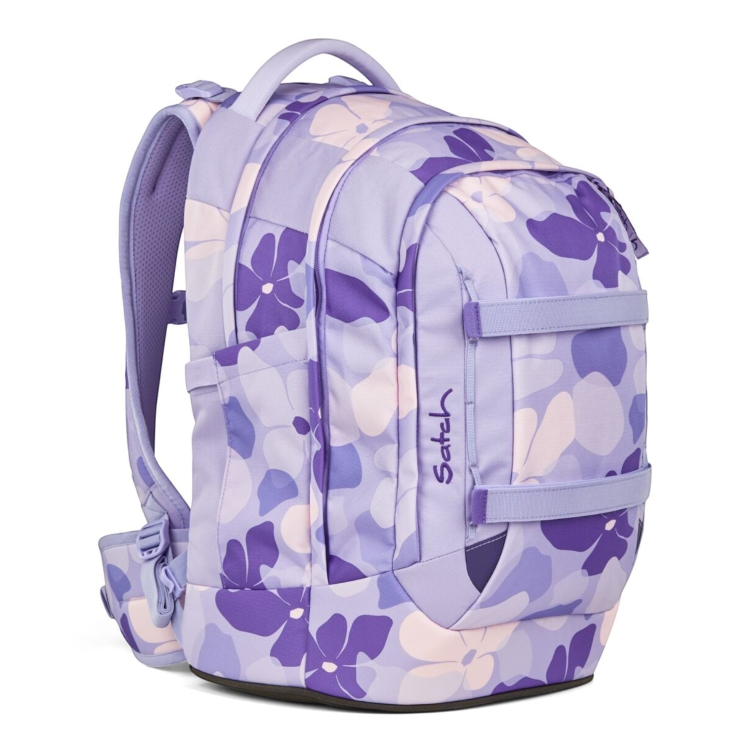 Lieblingstasche satch pack school backpack in purple with a floral camo pattern, featuring ergonomic straps and SWAPS.