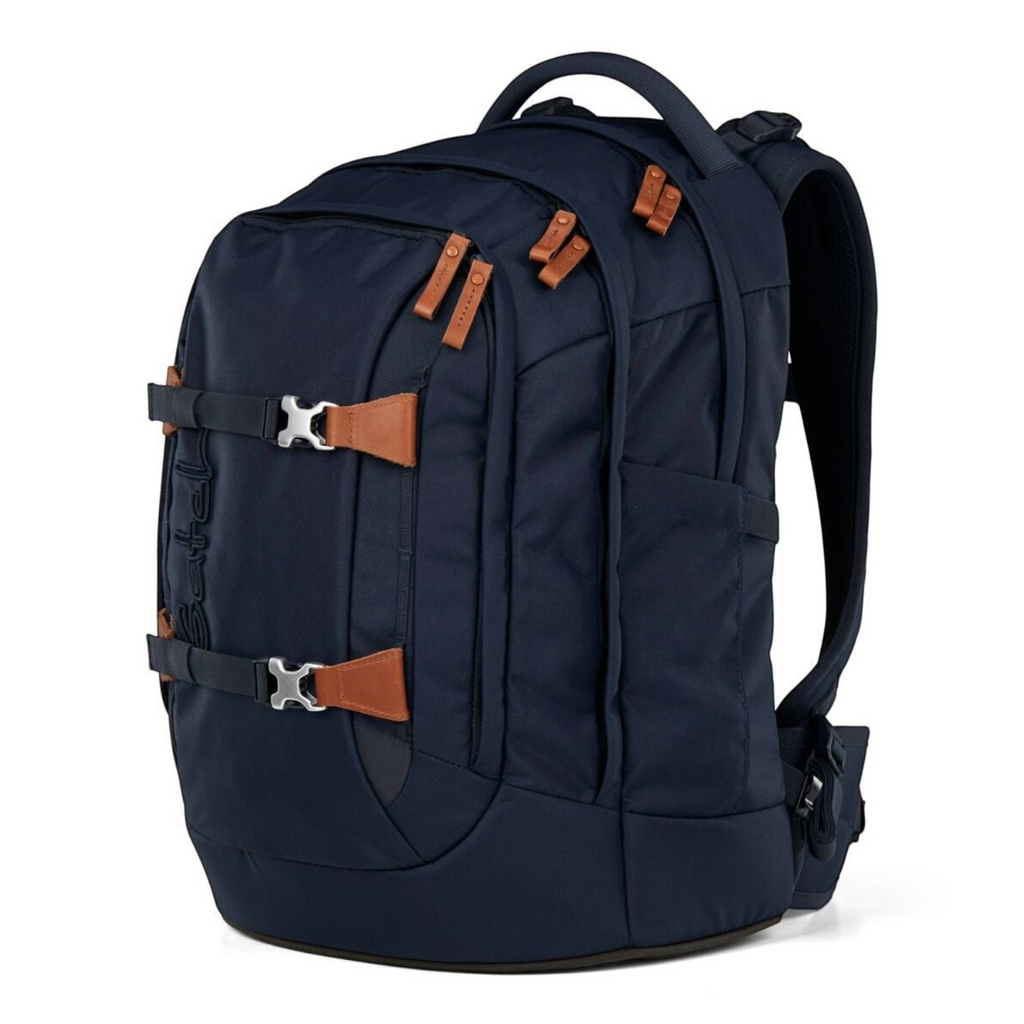 Lieblingstasche satch Pack school backpack in navy blue with brown leather-look accents and adjustable straps