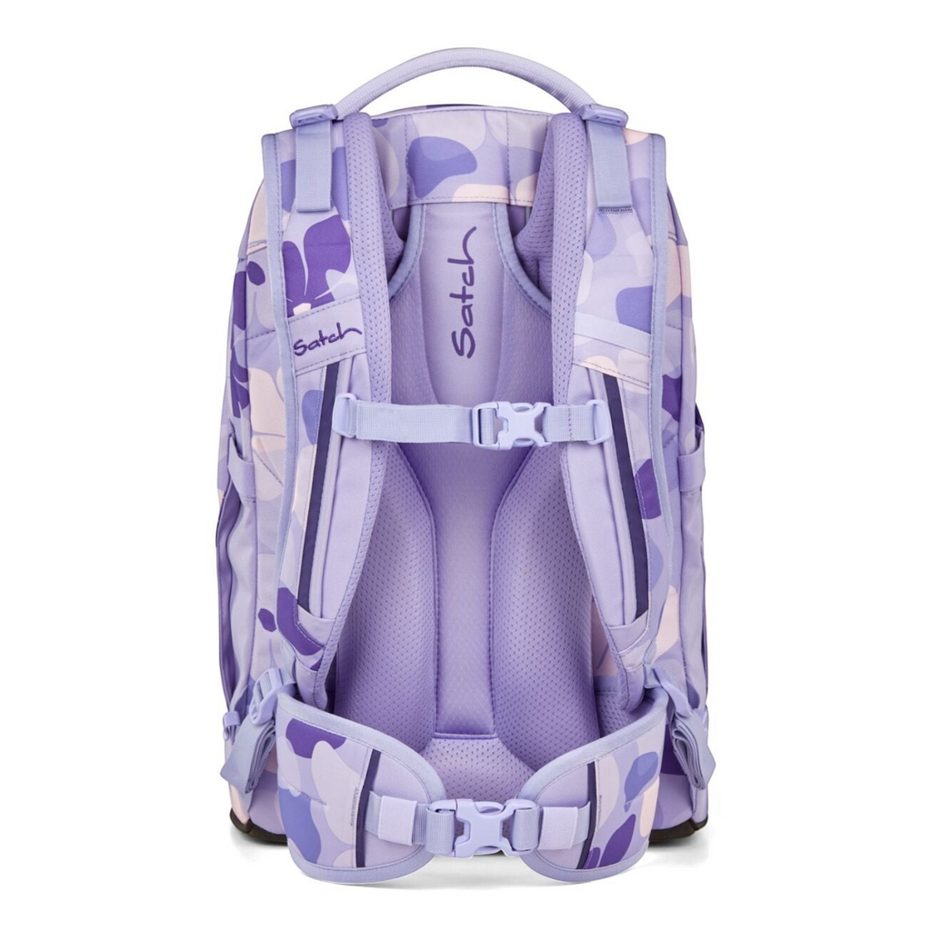 Lieblingstasche satch pack school backpack in purple camo print with ergonomic back system and adjustable chest strap