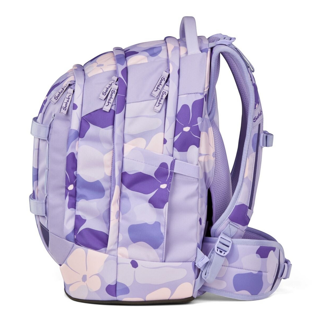 Lieblingstasche satch pack school backpack in light purple with a floral pattern, side view showing ergonomic straps