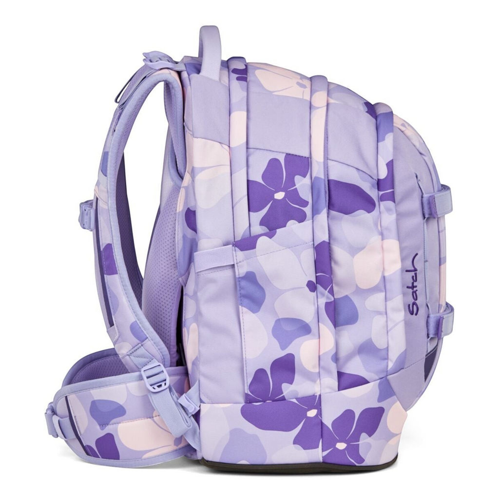 Lieblingstasche satch pack school backpack in purple floral pattern with ergonomic straps and side pockets