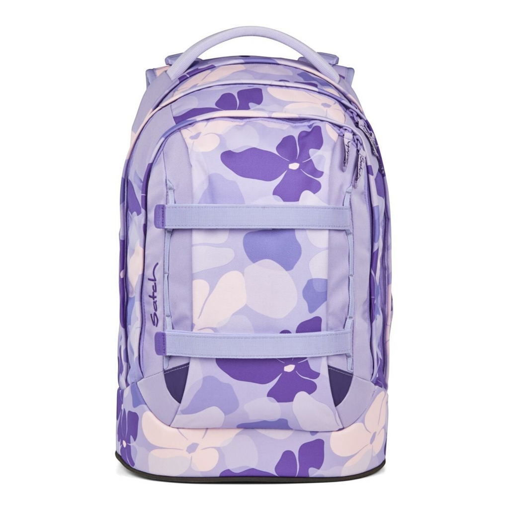 Lieblingstasche satch pack school backpack in purple with a floral pattern, featuring front straps and ergonomic design