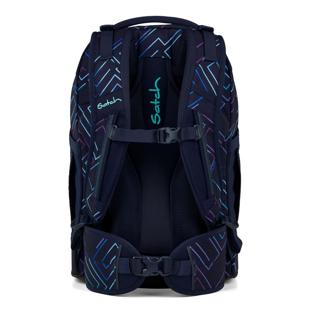 Lieblingstasche satch pack school backpack in dark blue with neon geometric patterns and ergonomic back system
