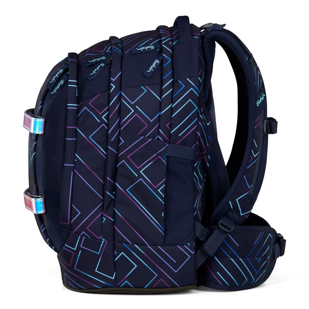 Lieblingstasche satch pack school backpack in navy blue with geometric neon purple and blue line pattern, side view