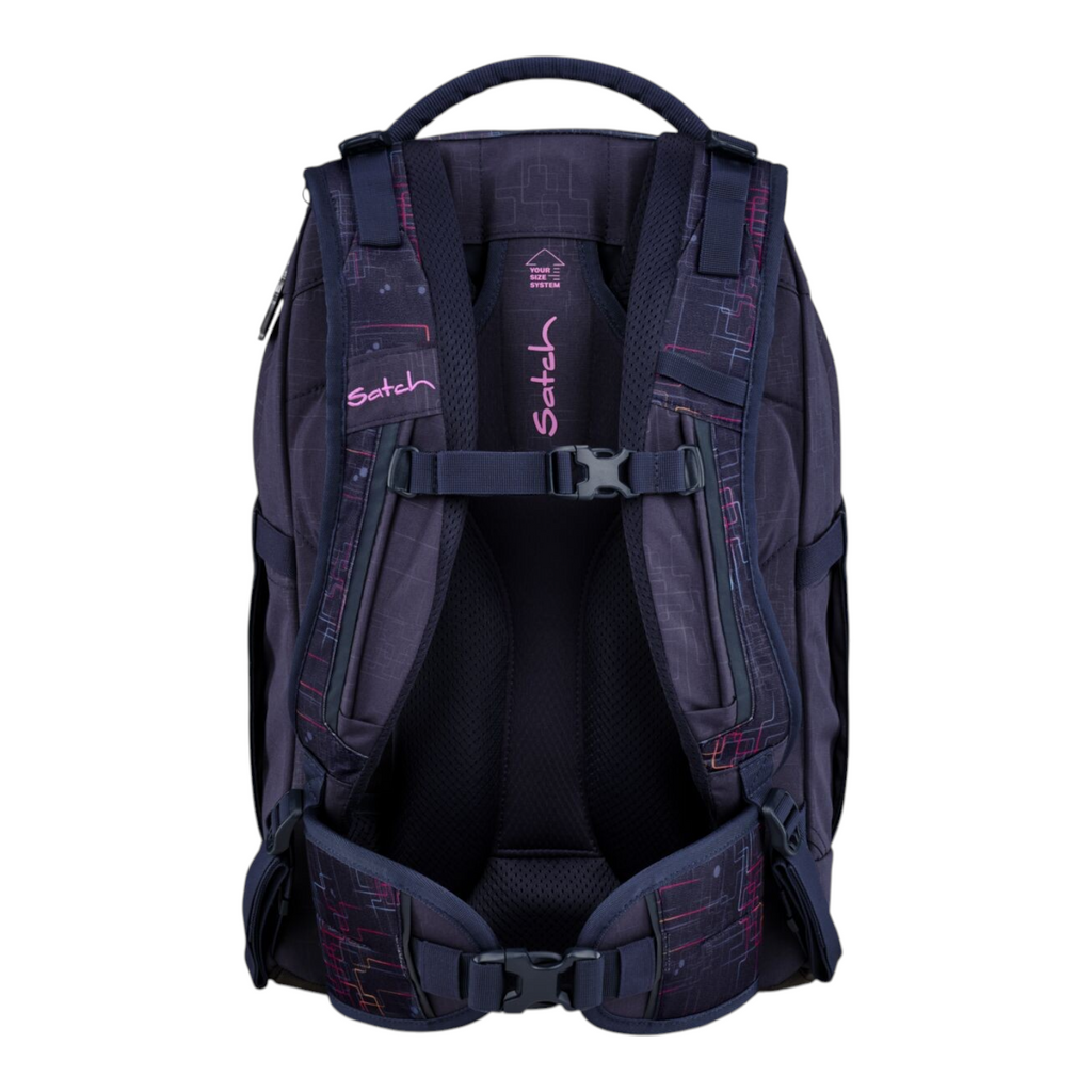 Lieblingstasche Satch Pack Set school backpack in dark blue with pink geometric pattern and adjustable straps