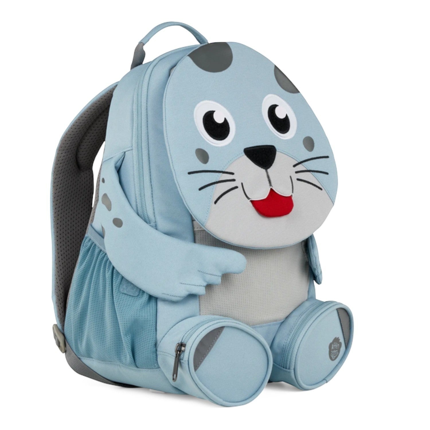 Lieblingstasche light blue seal backpack for kids with cute face, flippers, and side pockets.