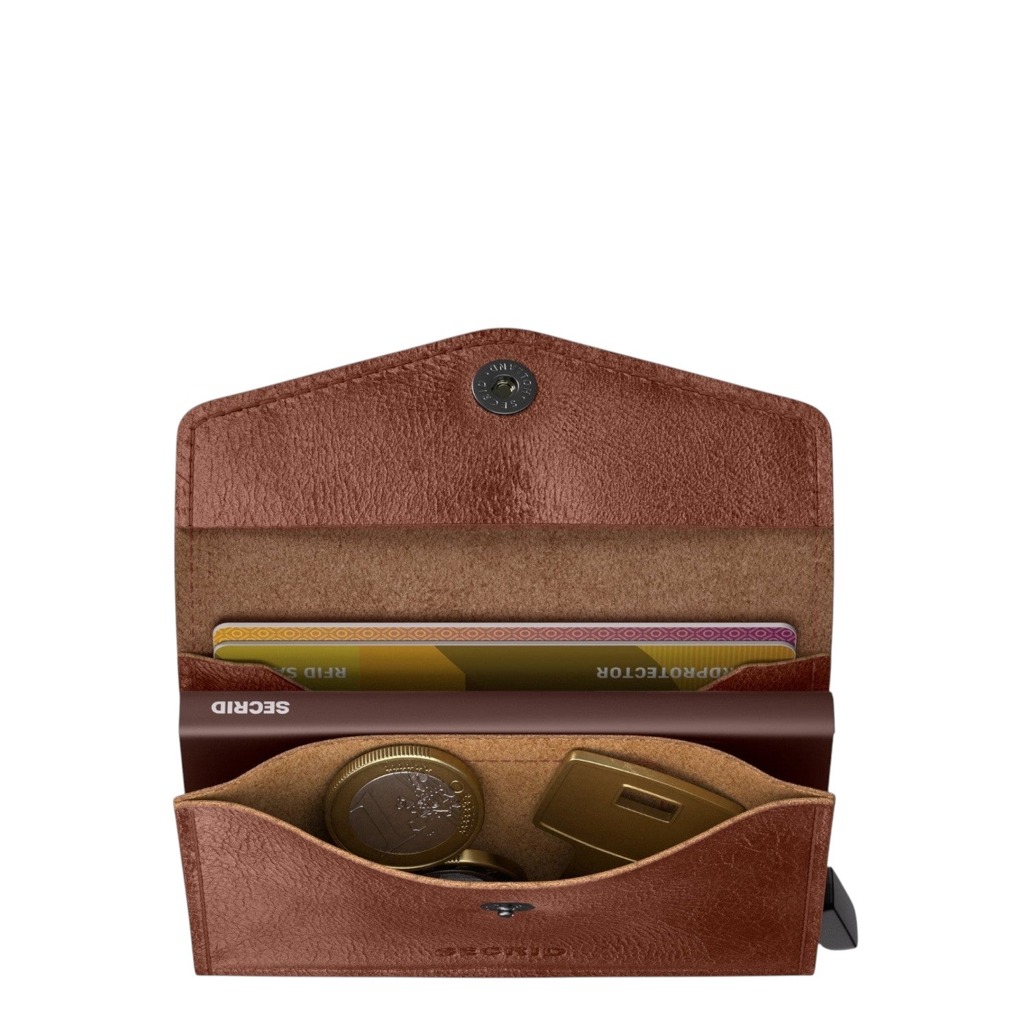 Lieblingstasche Secrid Envelope Vintage brown leather wallet with RFID card protector, coin pocket, and snap closure.