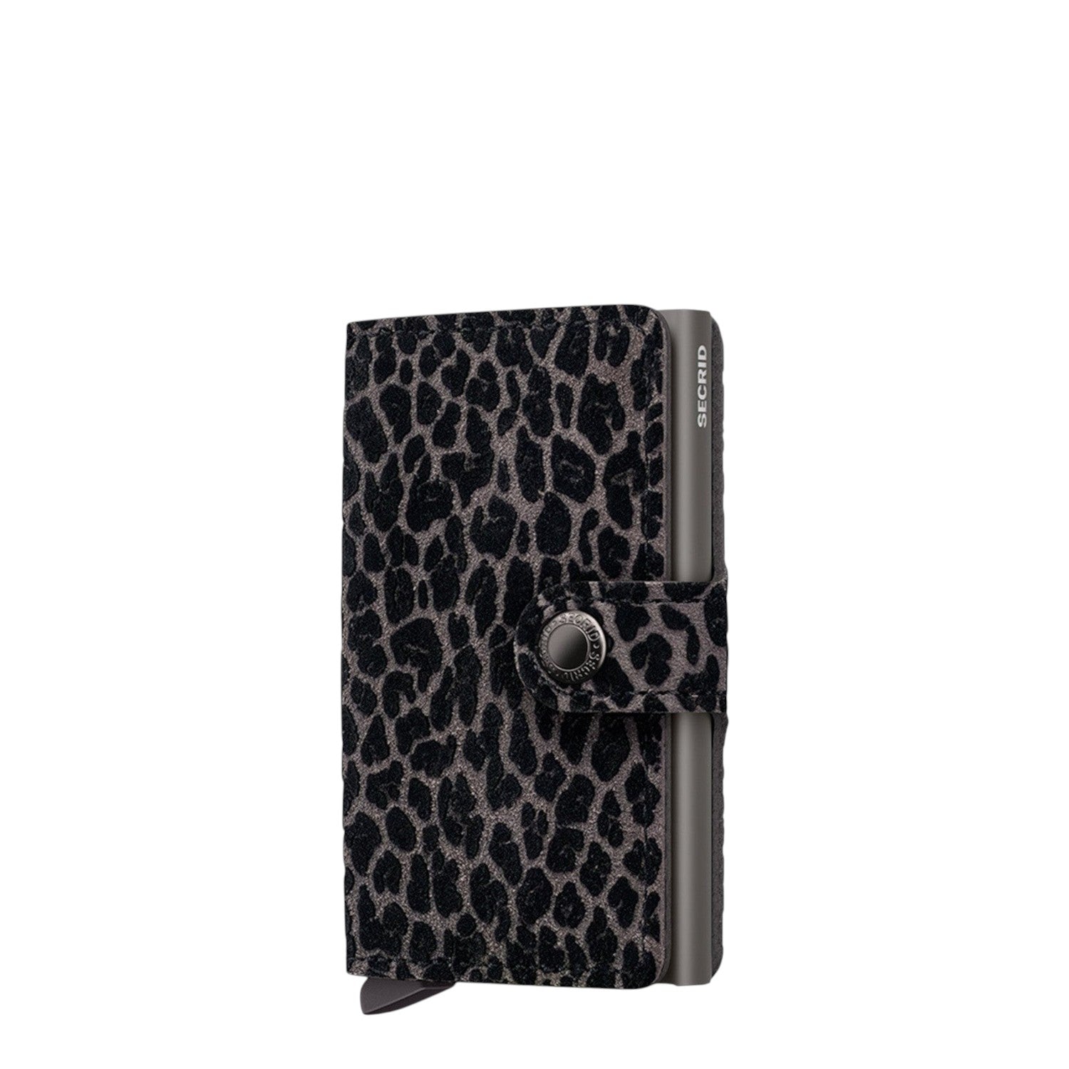 Lieblingstasche Secrid Miniwallet Leo with a black and grey leopard print leather cover and RFID protection