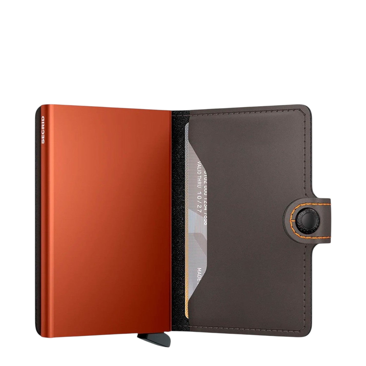 Lieblingstasche Secrid Miniwallet Matte in orange with a dark brown leather cover and RFID protection mechanism.