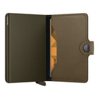 Lieblingstasche Secrid Miniwallet Matte in olive green leather with aluminum card protector and snap button closure.