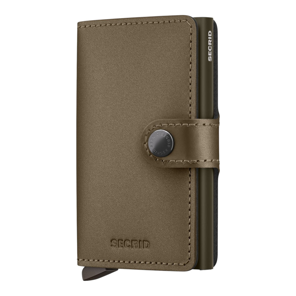 Lieblingstasche Secrid Miniwallet Matte Satin in olive green leather with aluminum card protector and snap closure
