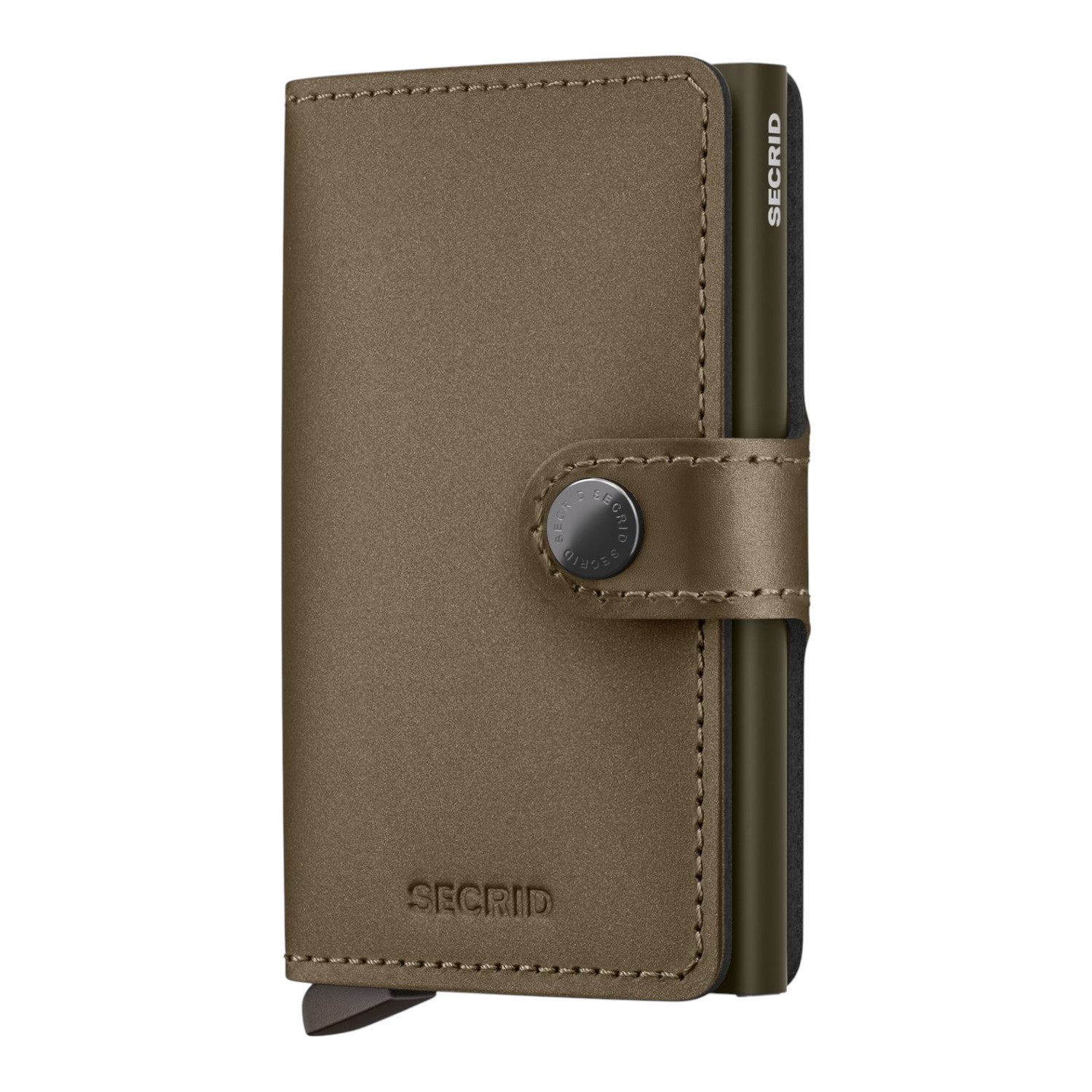 Lieblingstasche Secrid Miniwallet Matte Satin in olive green leather with aluminum card protector and snap closure