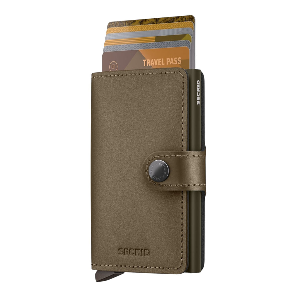 Lieblingstasche Secrid Miniwallet Matte Satin in olive green leather with aluminum card protector and snap closure