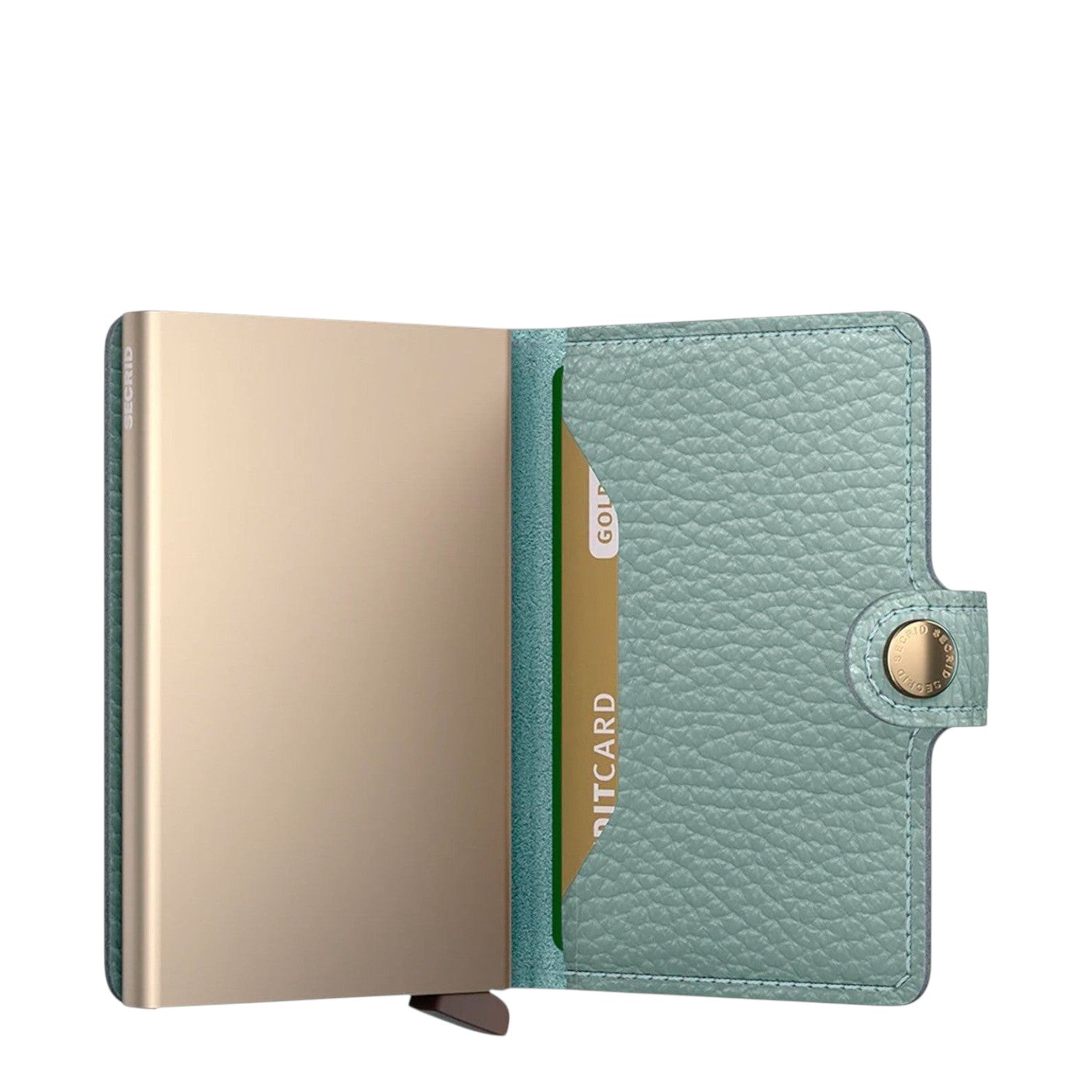 Lieblingstasche Secrid Miniwallet Pebble in light blue textured leather with a gold metallic card protector case