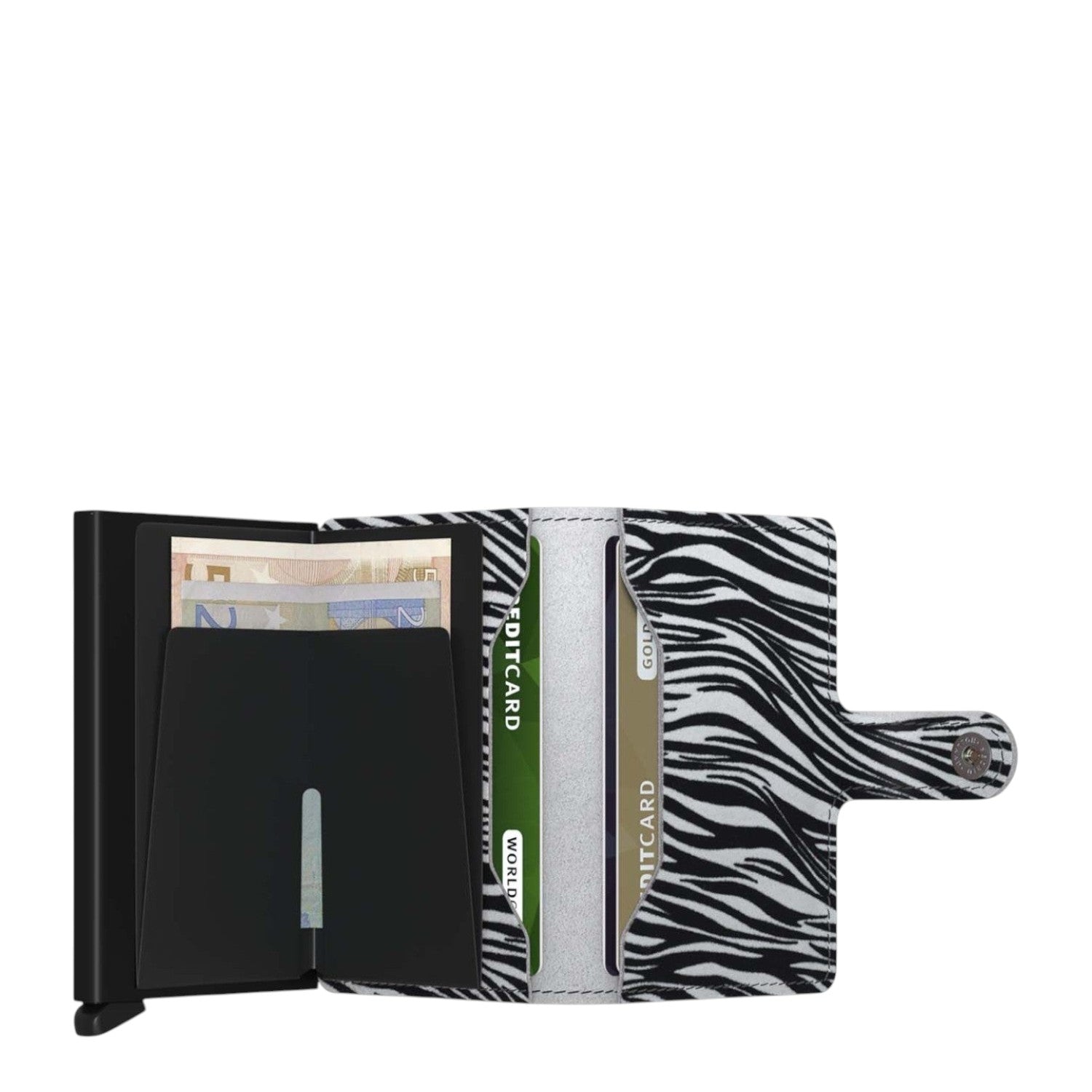 Lieblingstasche Secrid Miniwallet with zebra print leather cover, open to show card protector and cash compartment