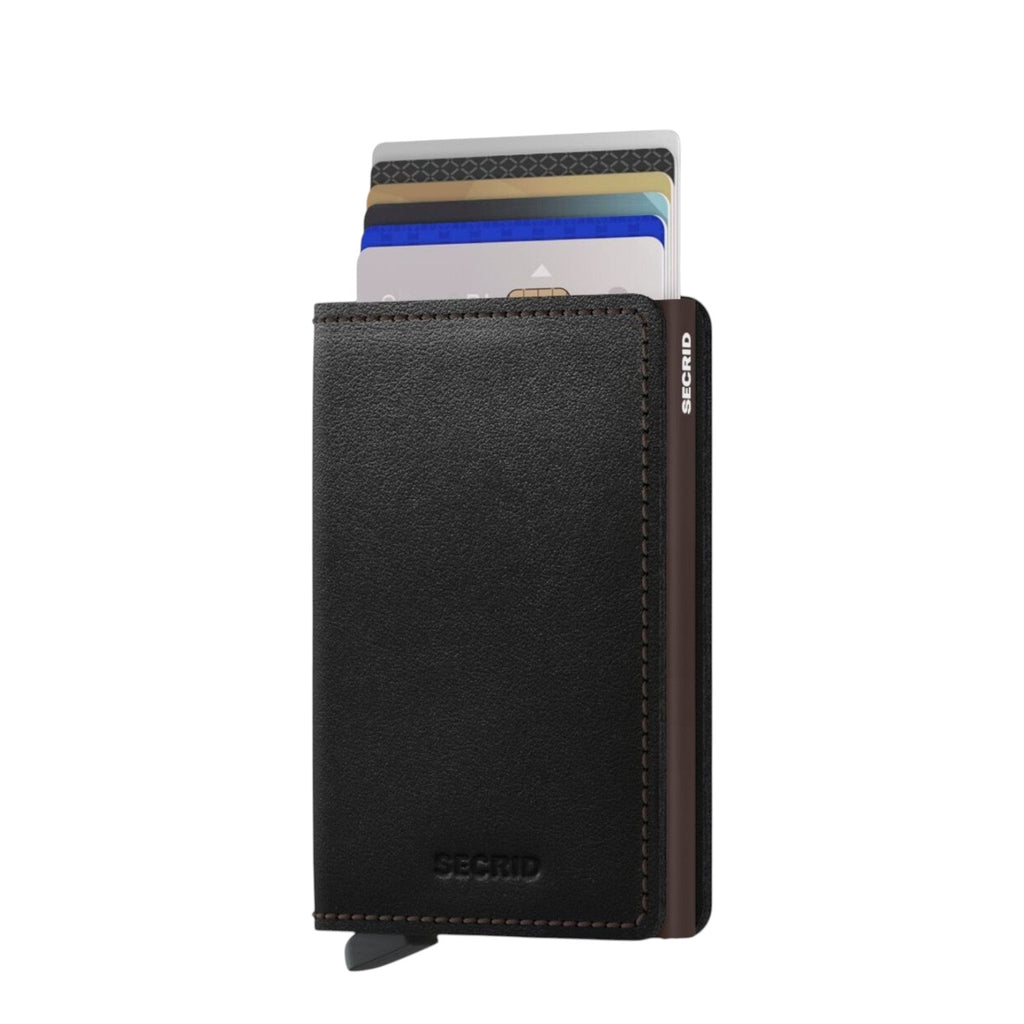 Lieblingstasche Secrid Slimwallet in black leather with card protector mechanism and multiple credit cards inserted