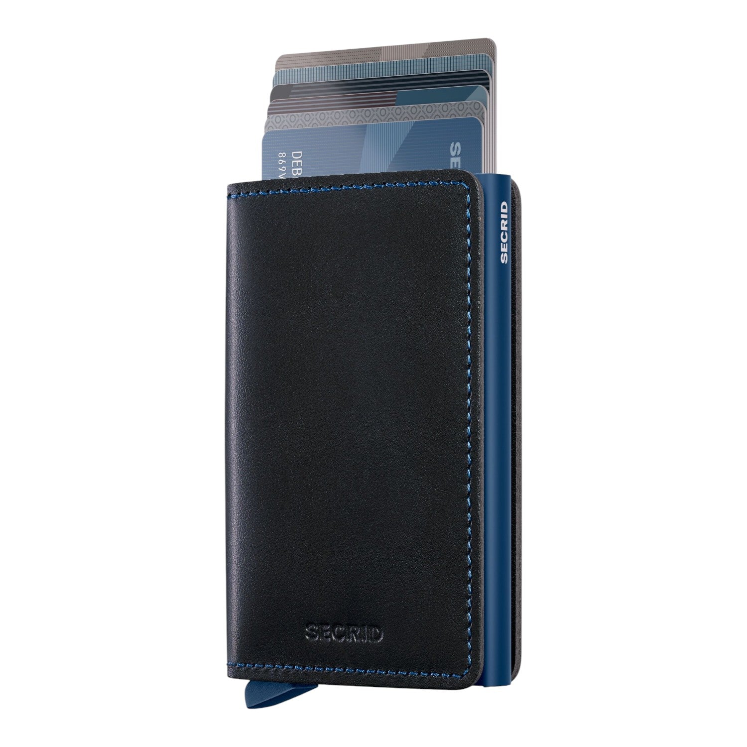 Lieblingstasche Secrid Slimwallet Original in black leather with blue stitching and RFID-protected card holder