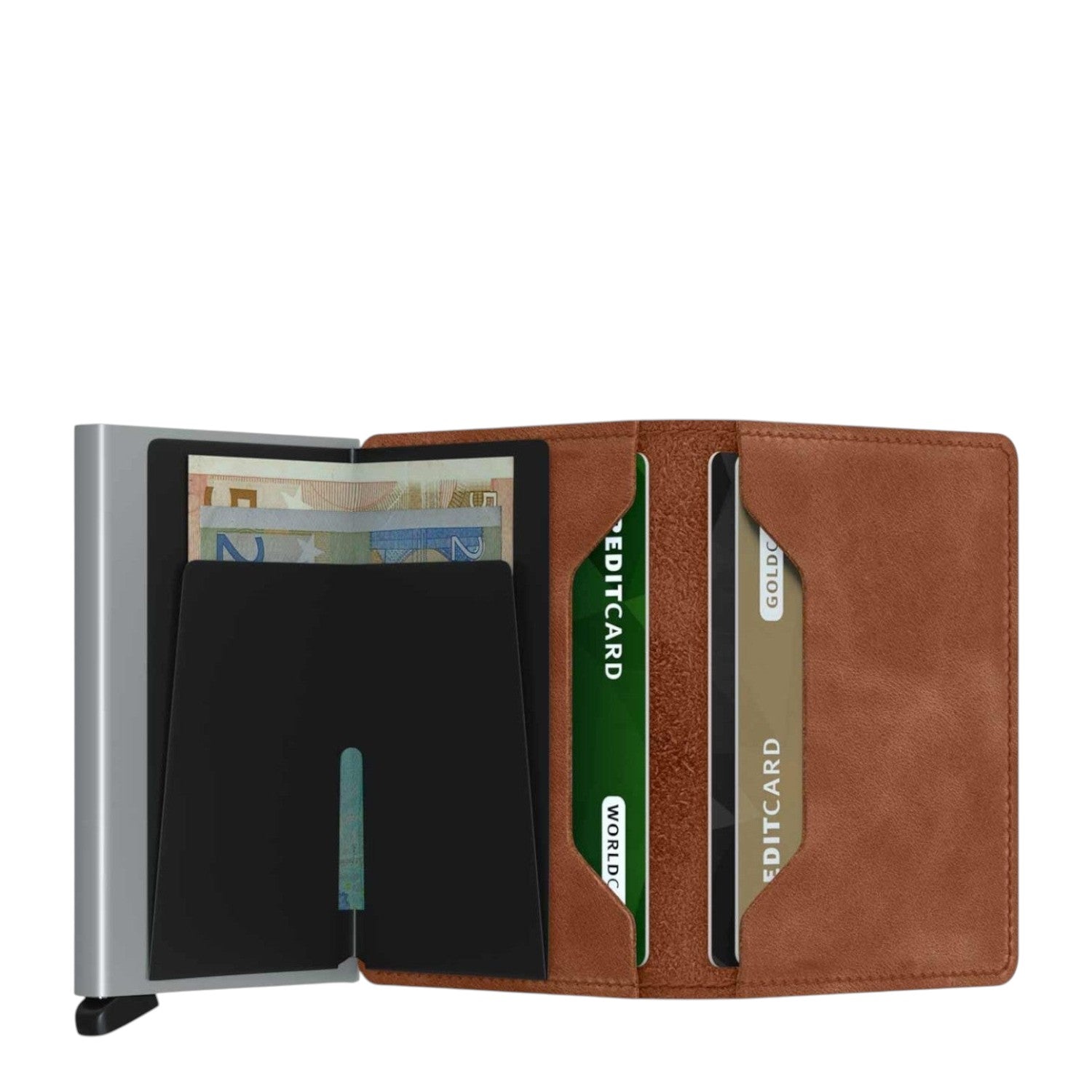 Lieblingstasche Secrid Slimwallet in brown leather with card protector mechanism and slots for cash and cards.