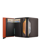 Lieblingstasche Secrid Slimwallet in brown leather with an orange card protector mechanism and internal card slots.