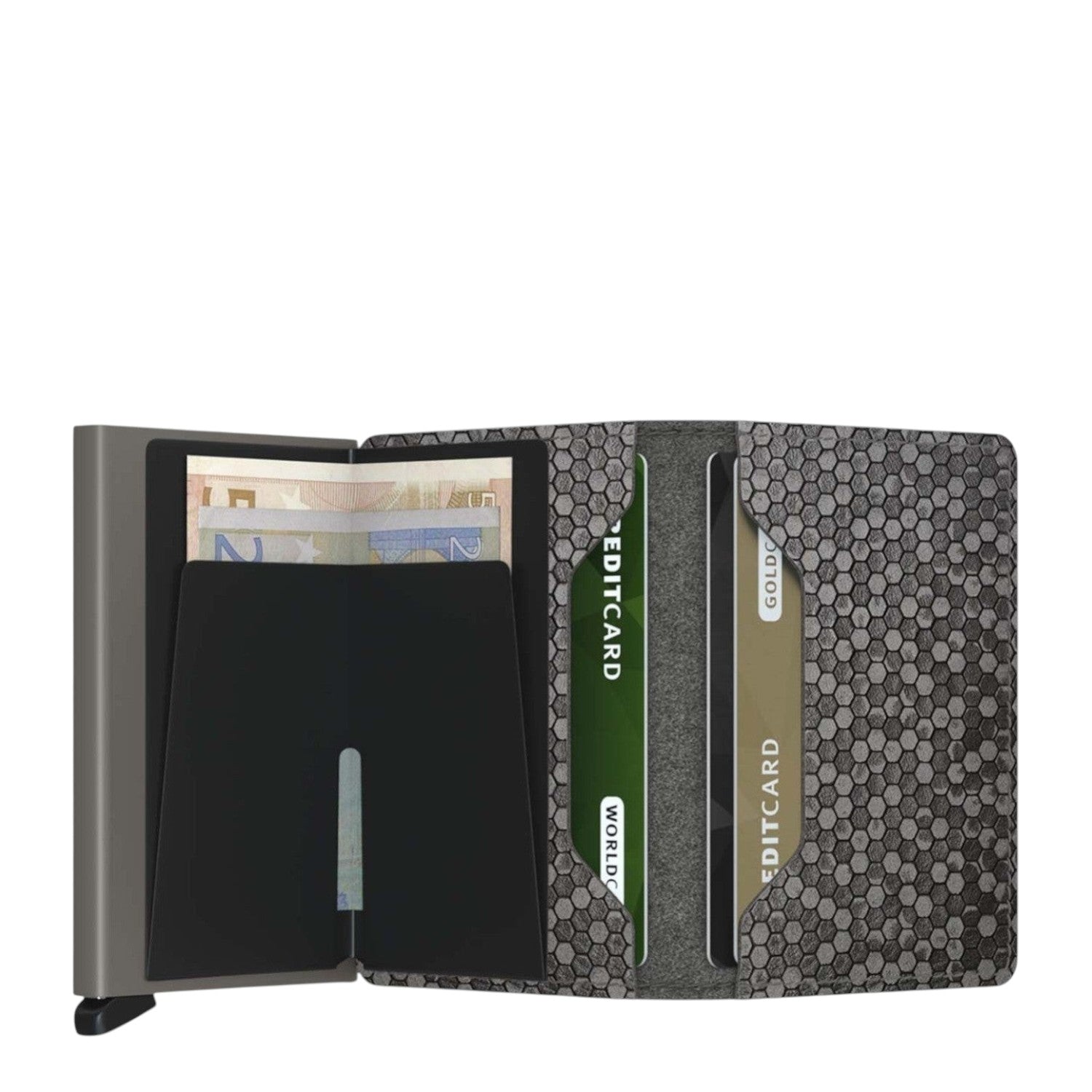 Lieblingstasche Secrid Slimwallet Hexagon with grey geometric pattern, card protector, and interior card slots.