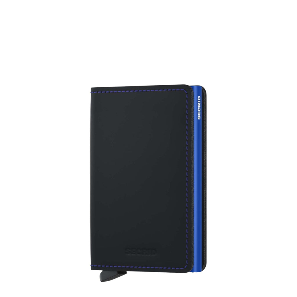 Lieblingstasche Secrid Slimwallet in matte black leather with blue stitching and a metallic blue card protector.