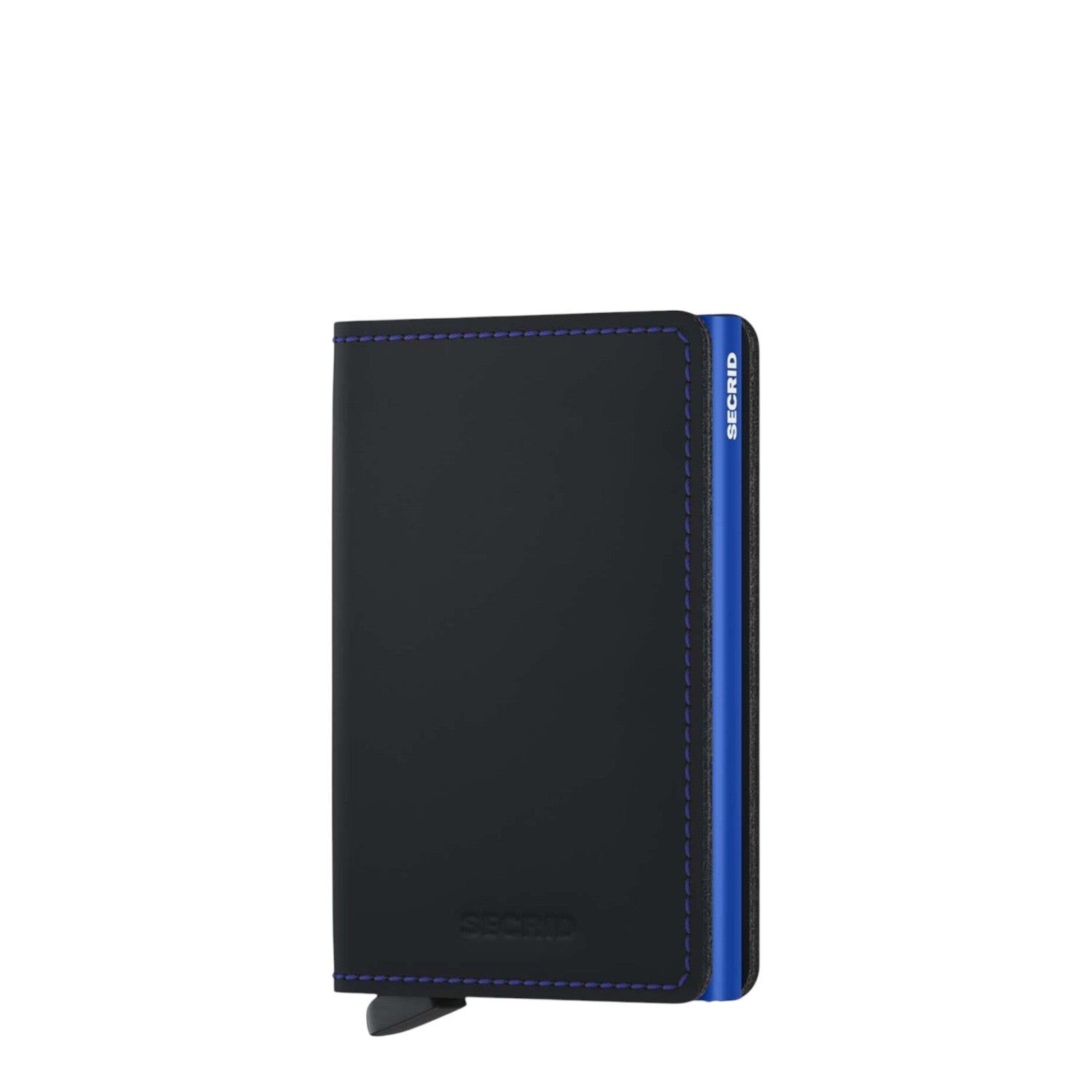 Lieblingstasche Secrid Slimwallet in matte black leather with blue stitching and a metallic blue card protector.