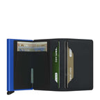 Lieblingstasche Secrid Slimwallet Matte in black leather with a blue metal card protector and internal card slots.