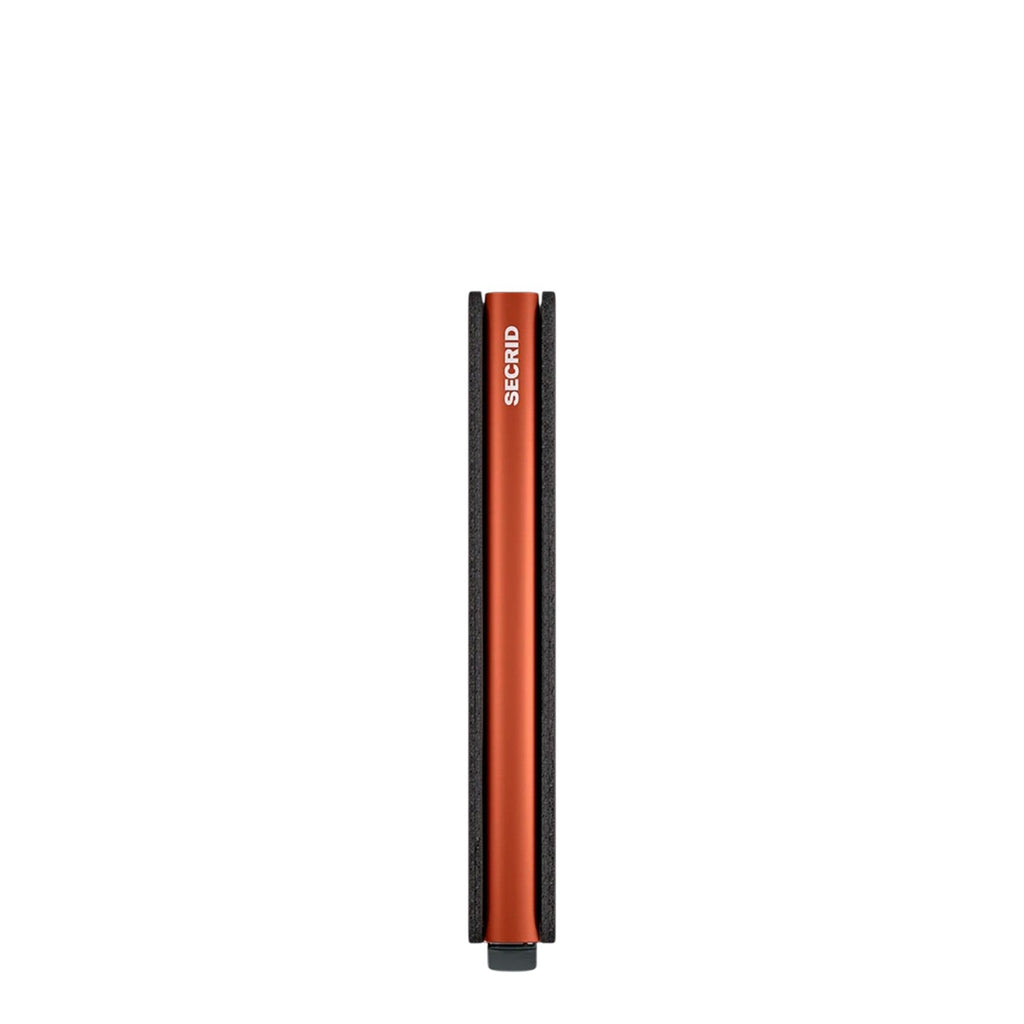 Lieblingstasche Secrid Slimwallet Matte in orange showing the slim profile and card protector mechanism
