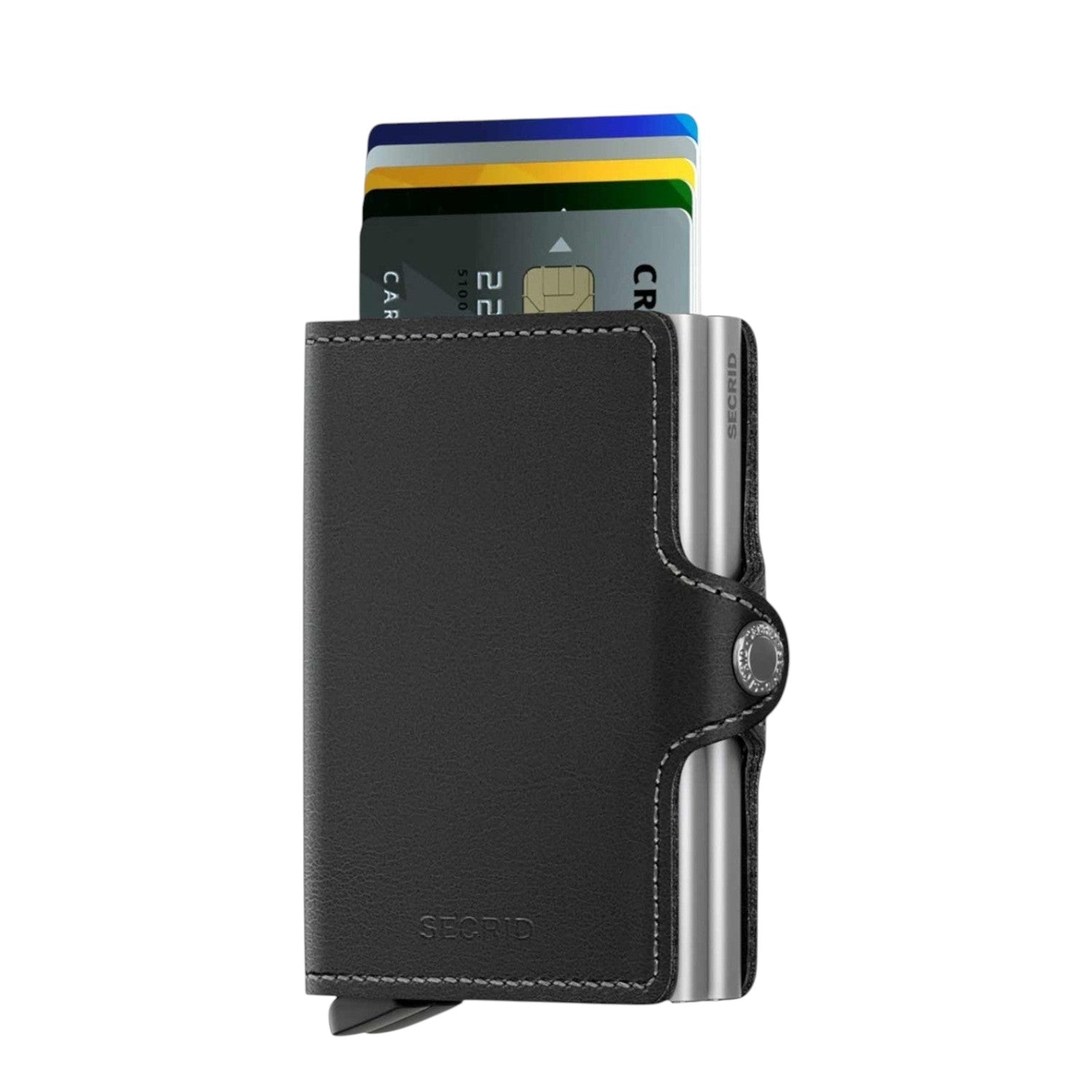 Lieblingstasche Secrid Twinwallet Original in black leather with silver card protector and quick-access mechanism.