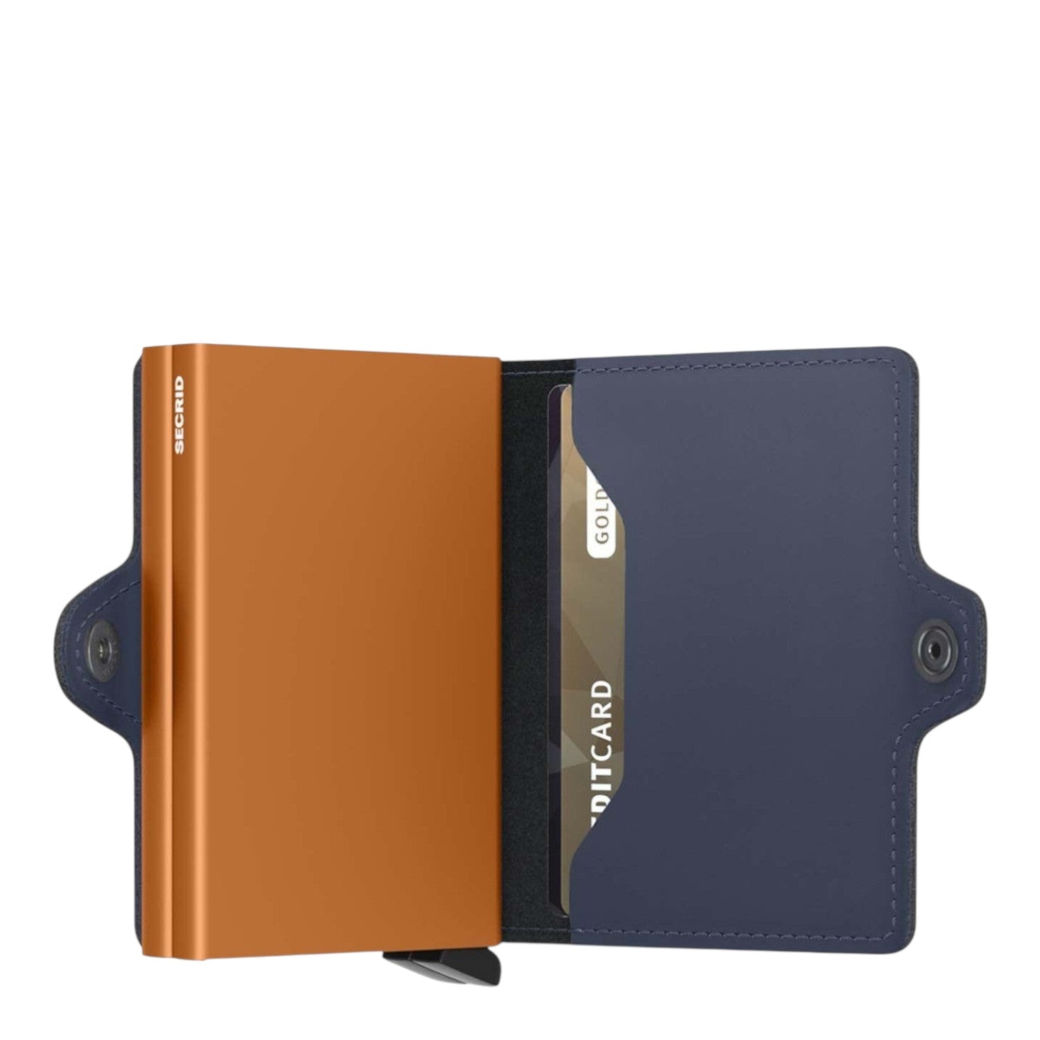 Lieblingstasche Secrid Twinwallet Matte in orange and navy blue with RFID protection and card slide mechanism