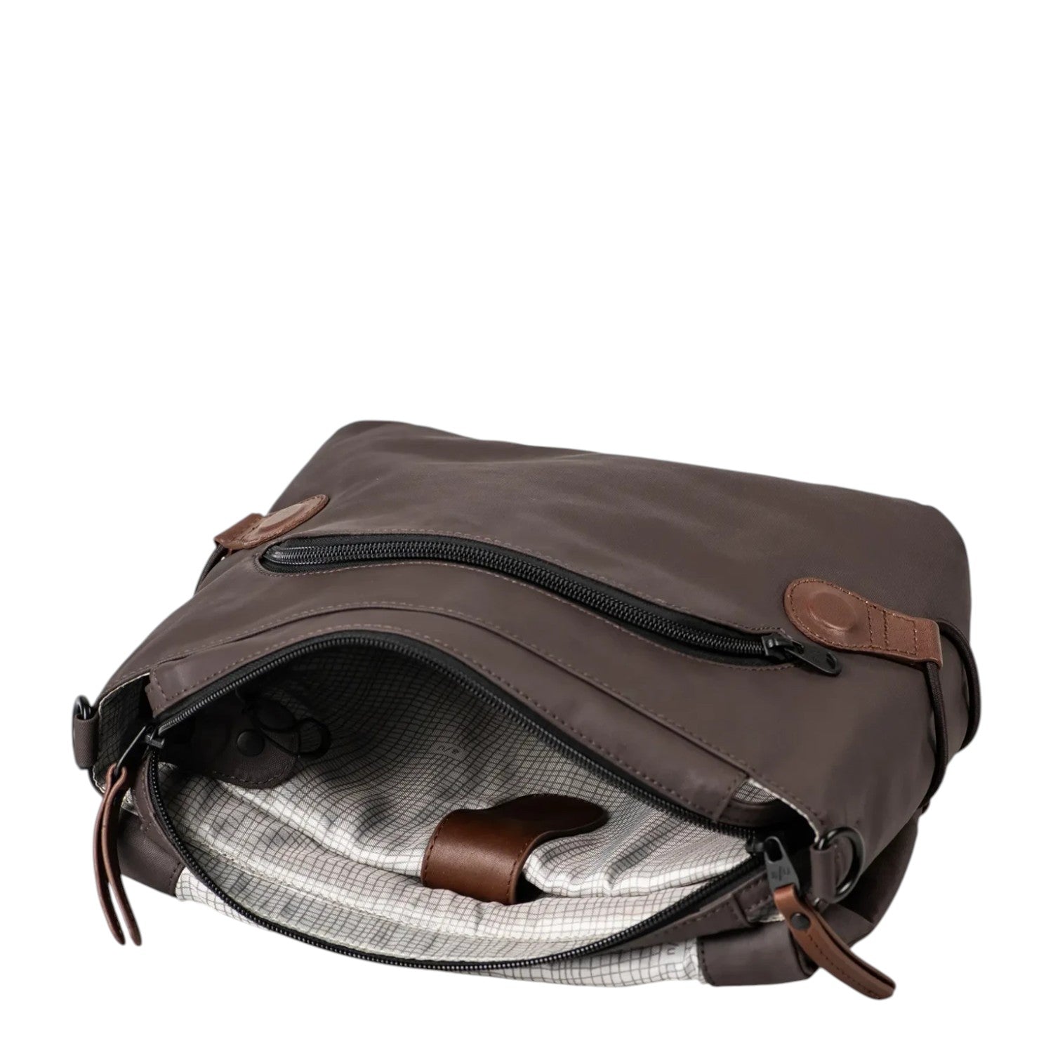 Lieblingstasche Sendai brown nylon crossbody bag with zipper closure and patterned interior lining