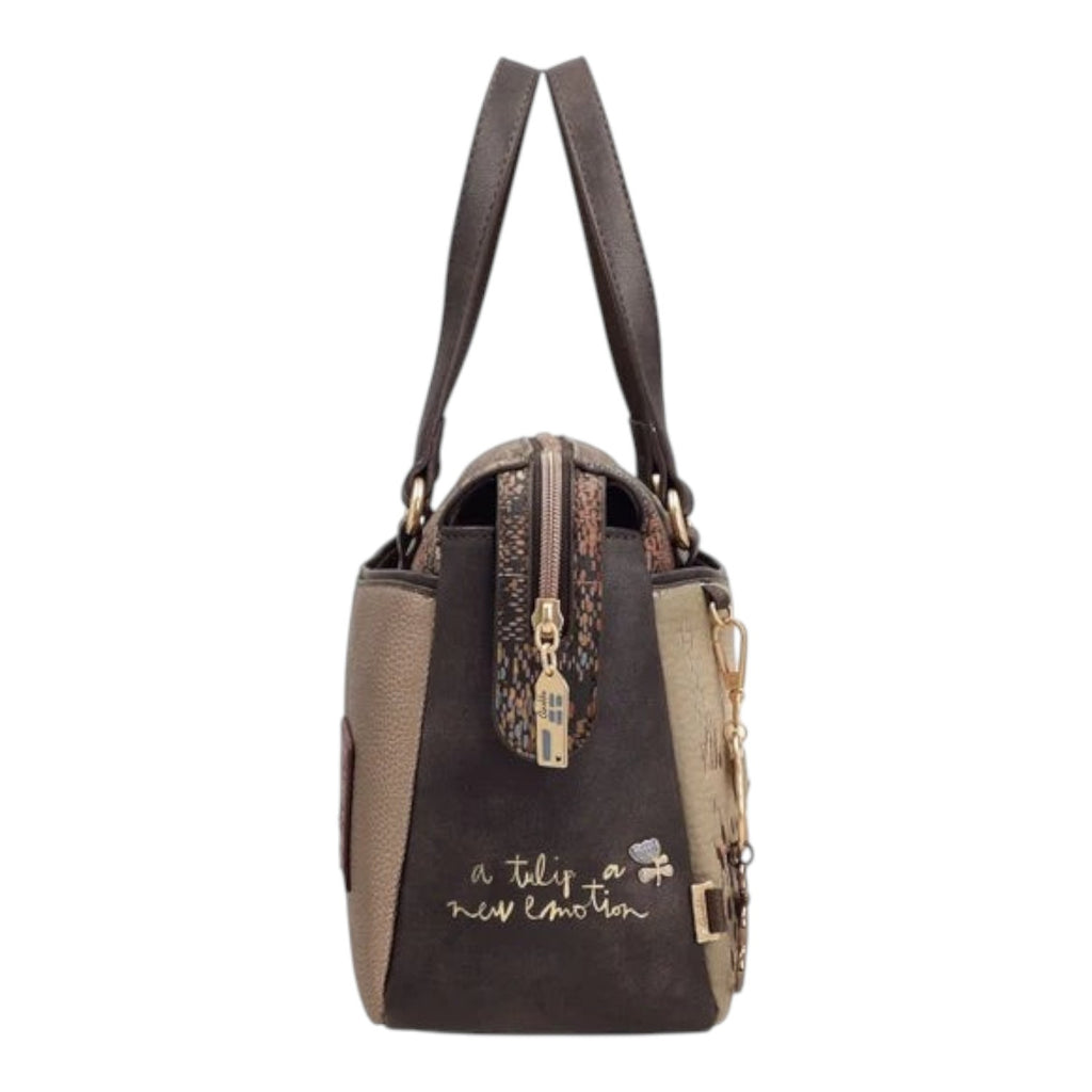 Lieblingstasche short handle bag in brown and beige tones with side zipper, textured panels, and gold embroidery.