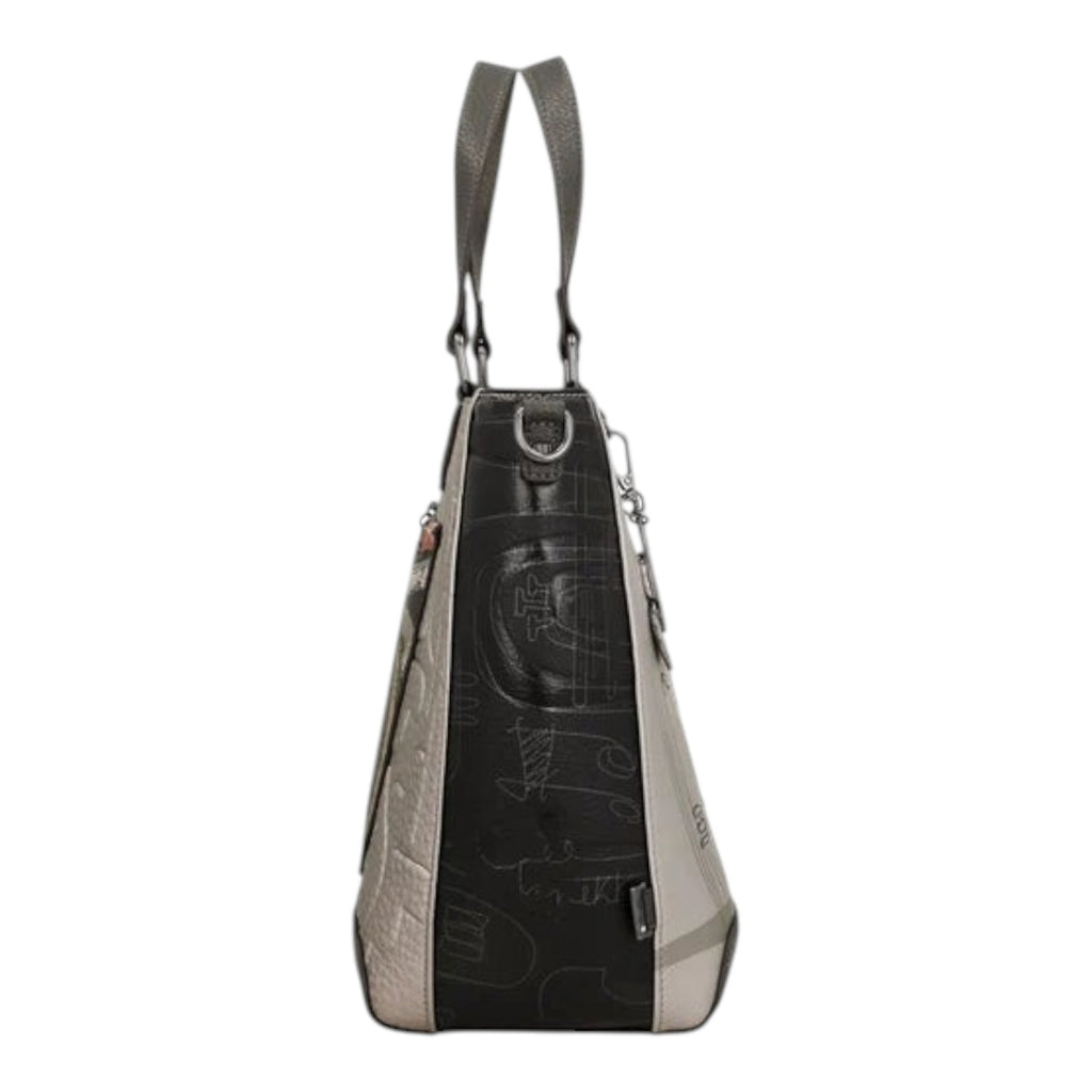 Lieblingstasche short handle bag in black and grey with abstract graphic patterns and side view profile